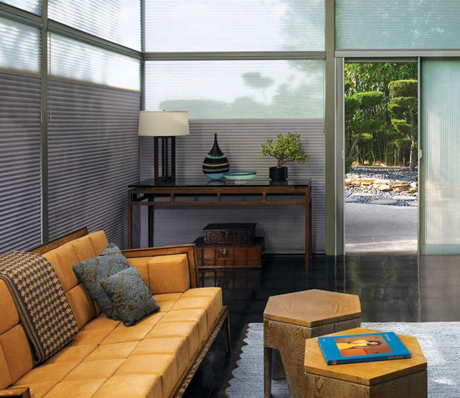 modern living with yellow couch and grey vertical duette honeycomb shades 34104