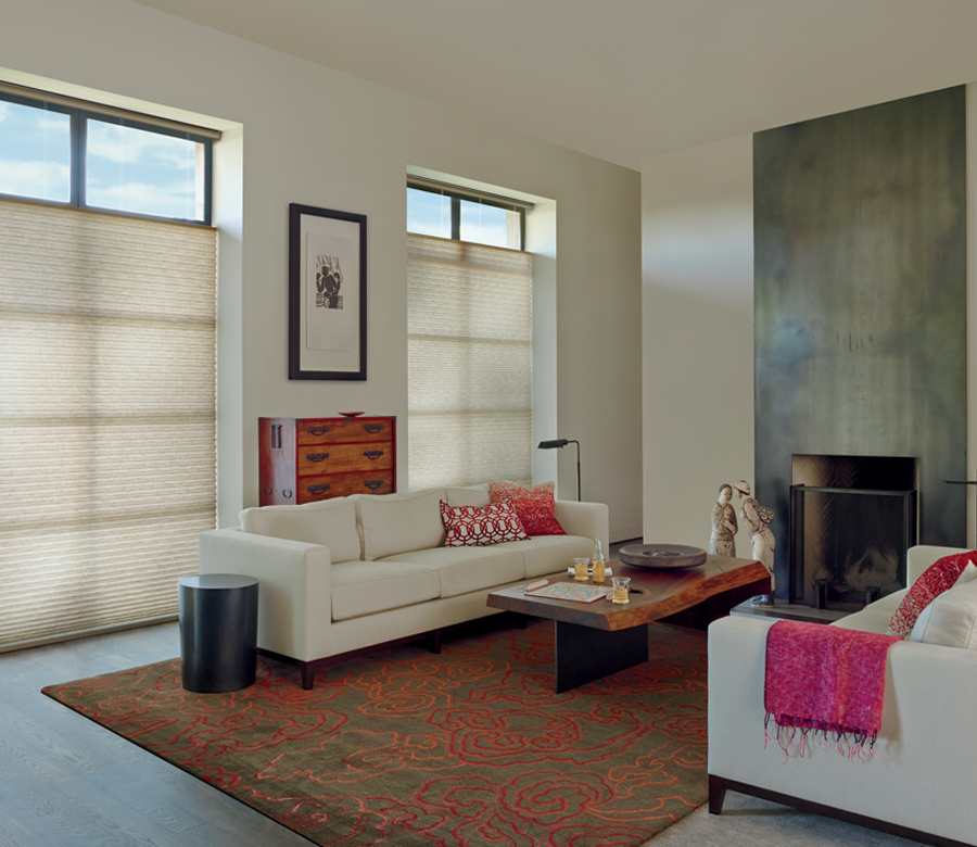 living room with white sofa and hunter douglas duette honeycomb shades Fort Myers