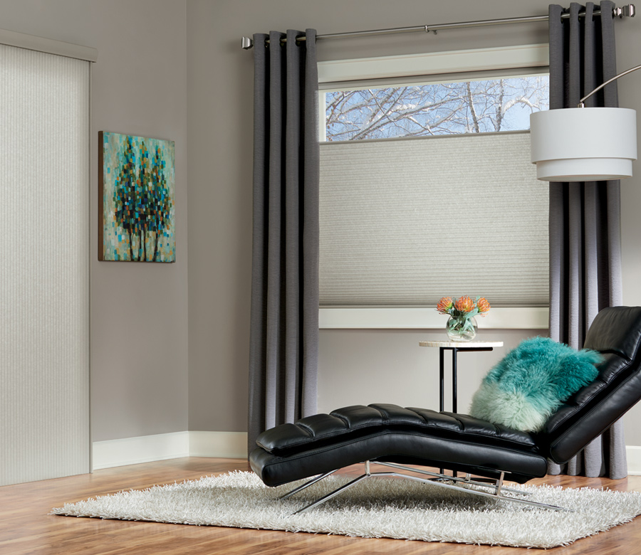 black leather day bed and hunter douglas duette honeycomb shades Fort Myers
