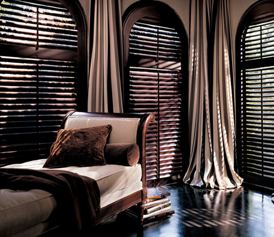 dark brown office with hunter douglas heritance hardwood shutters Naples