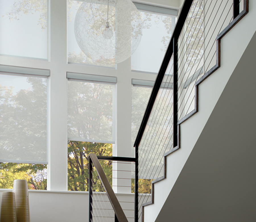 contemporary stairwell with hunter douglas white designer roller shades 34109