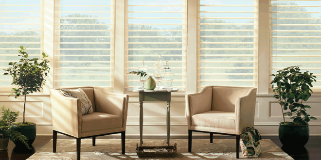 modern living room in Fort Myers with two armchairs and Hunter Douglas white pirouette window shades style statement
