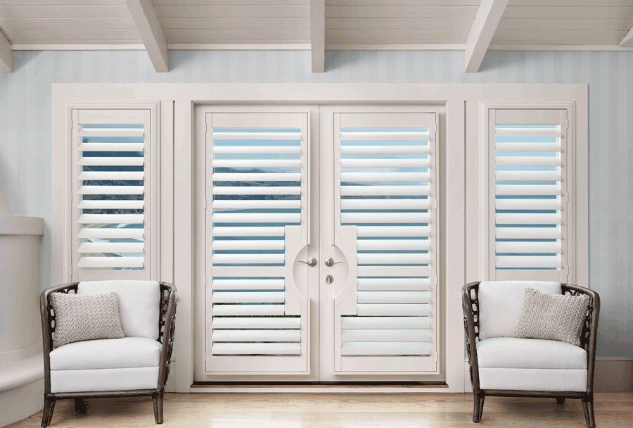 french door plantation shutters glass door window treatment Hunter Douglas Naples 34119