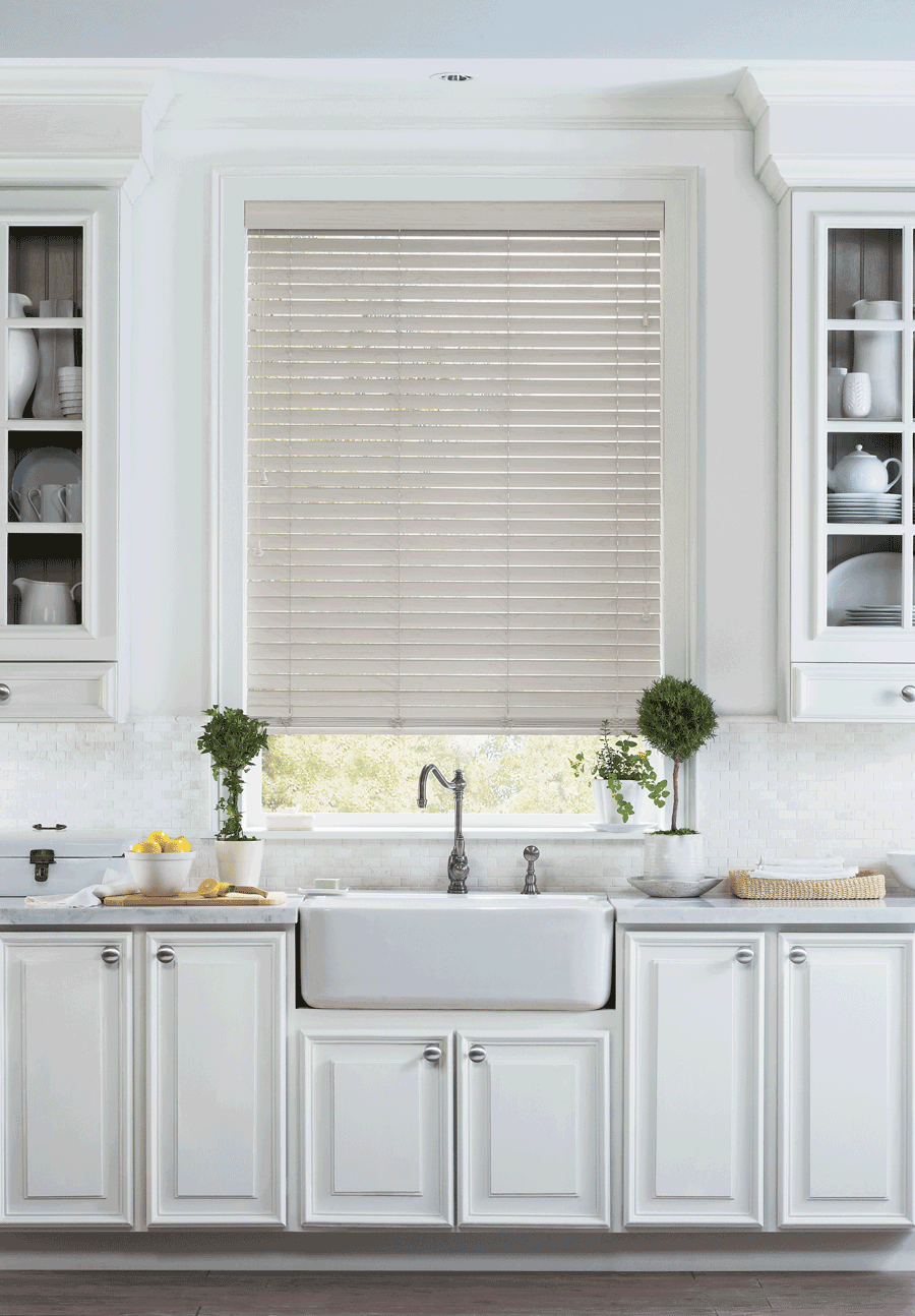 farmhouse style kitchen with neutral window blinds Folsom CA