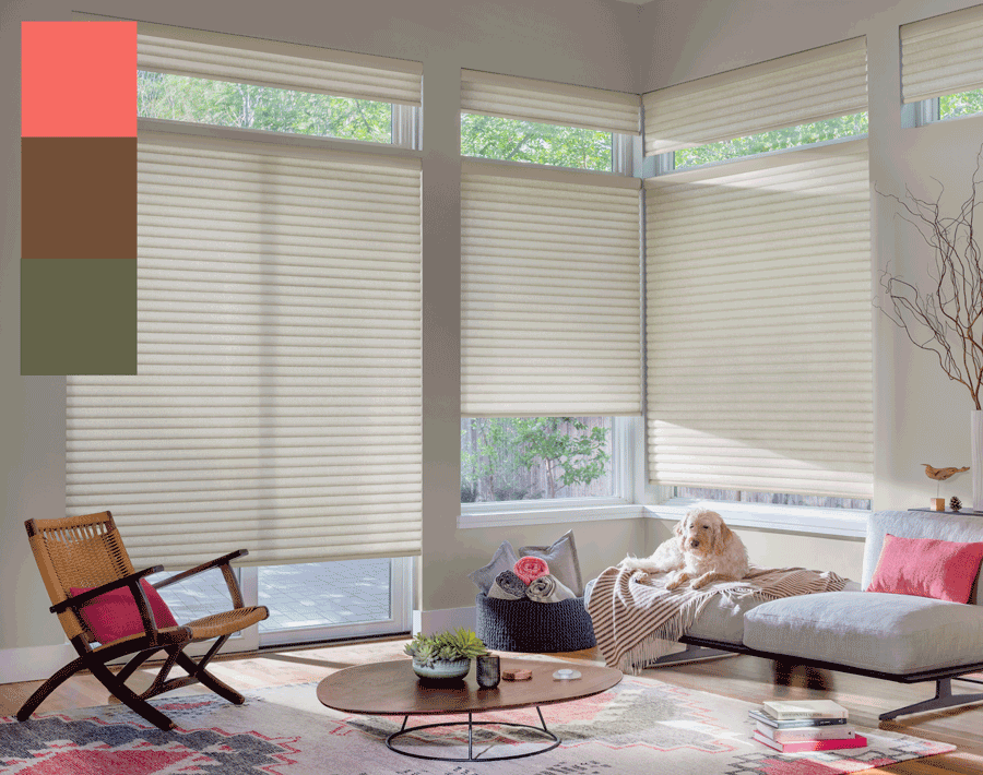 Sonnette Shades in living room accented with trending colors of 2019 Hunter Douglas Naples FL