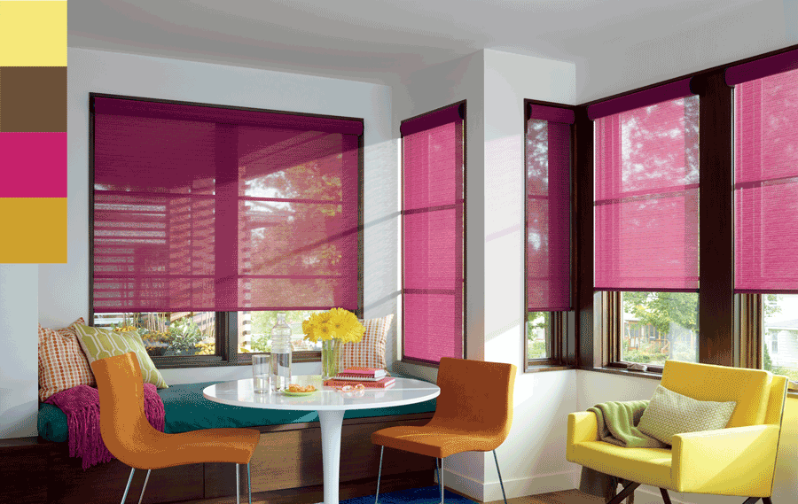 Bold custom roller shades in dining space featuring trending colors of 2019 Fort Myers FL