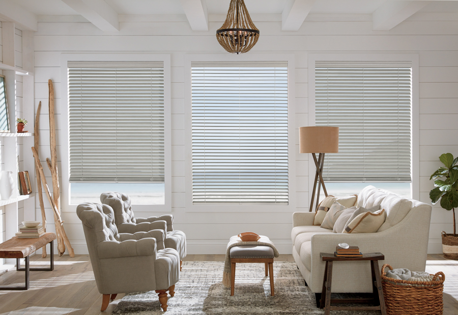 faux wood blinds and natural elements in coastal decor living room Naples 34119