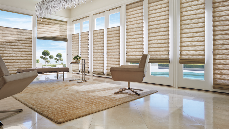 living room with stacking style roman shades Fort Myers 33908