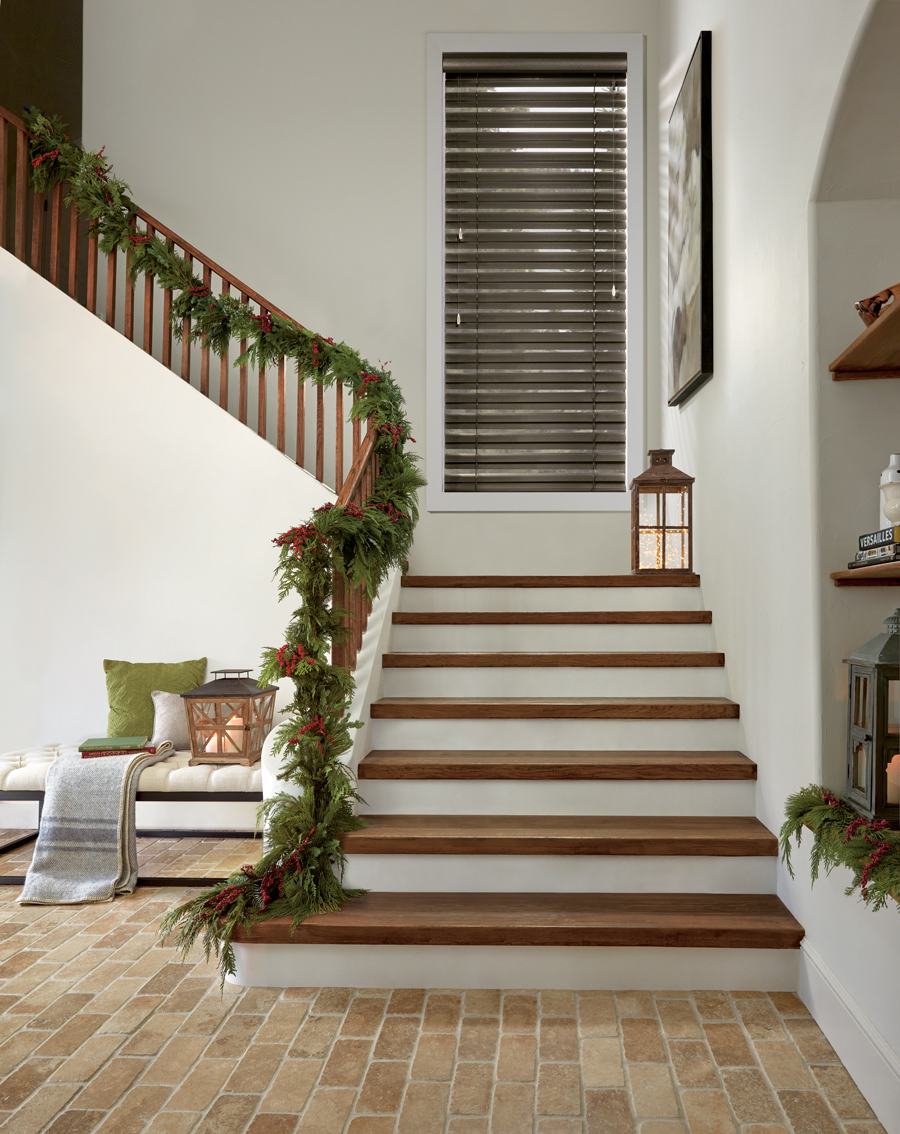 beautifully decorated holiday entryway with Hunter Douglas blinds Naples 34119