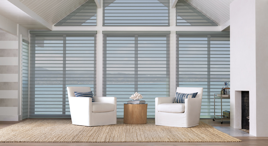 silhouette shades in living room design with coastal decor Hunter Douglas Naples 34119