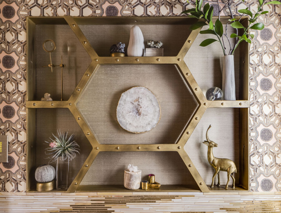 custom gold shelving is unique decor