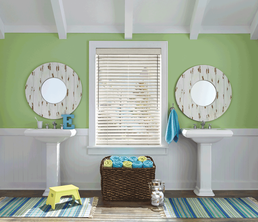 faux wood blinds feature custom child-safe bathroom design solutions Hunter Douglas Fort Myers 33908