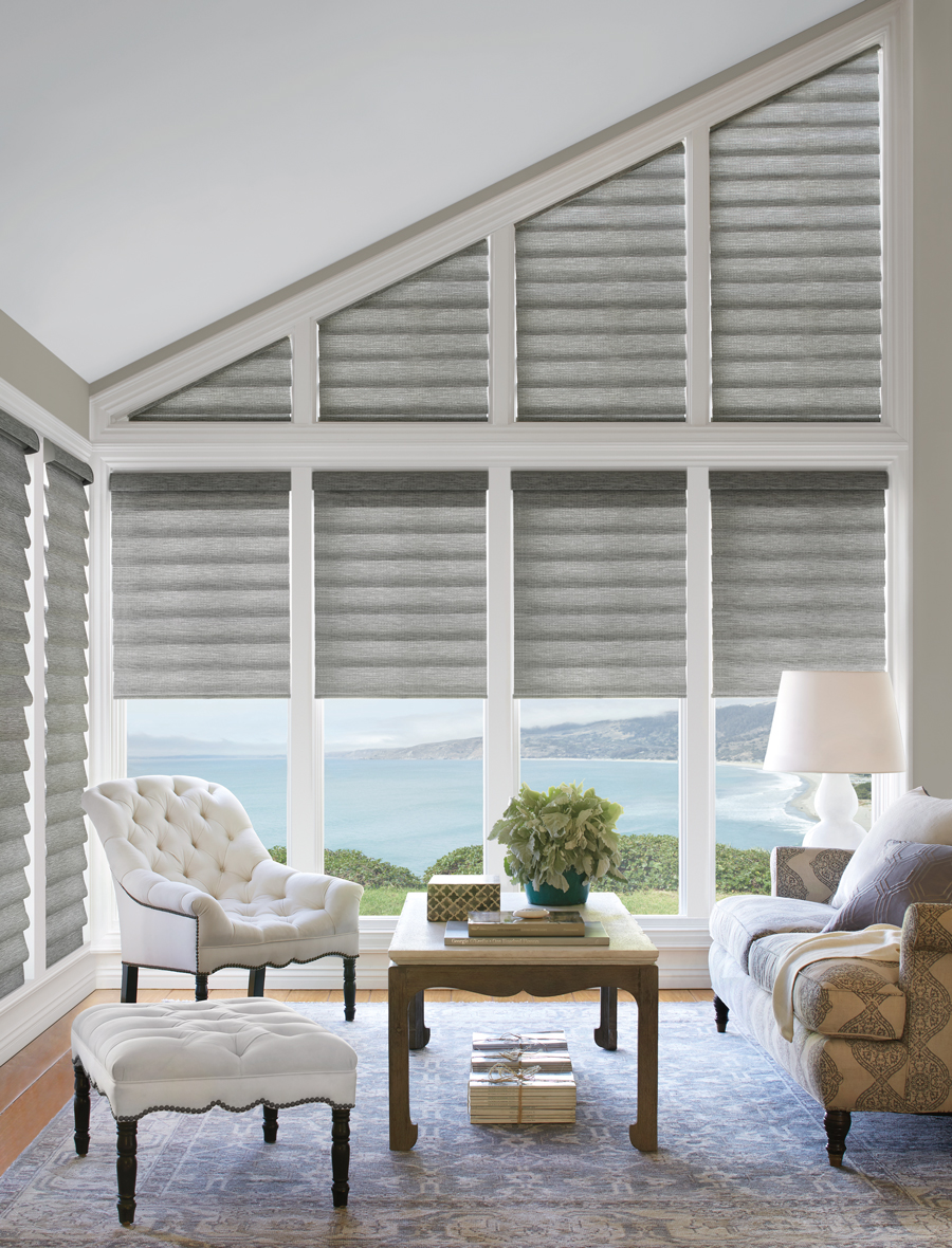 shades of white alongside gray vignette roman shades Hunter Douglas Naples 34119