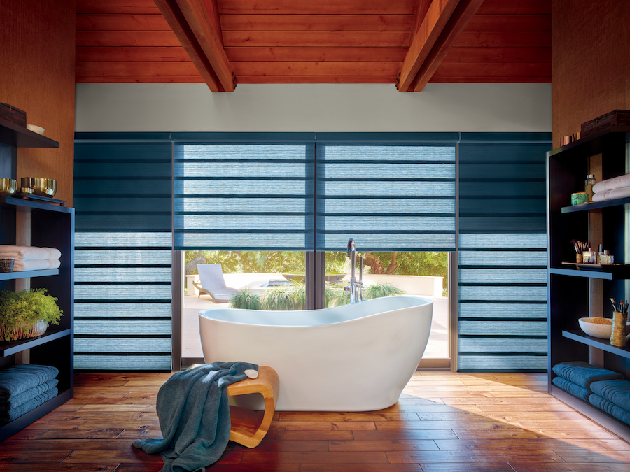 Hunter Douglas vignette roman shades in blue dual shades Fort Myers FL