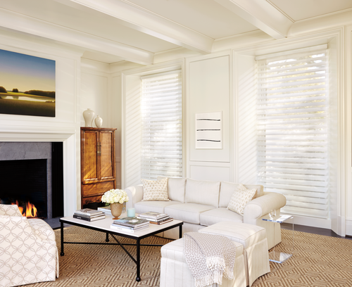 living room design with white decor and silhouette shades Hunter Douglas Naples 34119