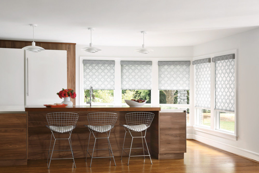 geometric pattern on designer roller shades in kitchen Fort Myers 33908