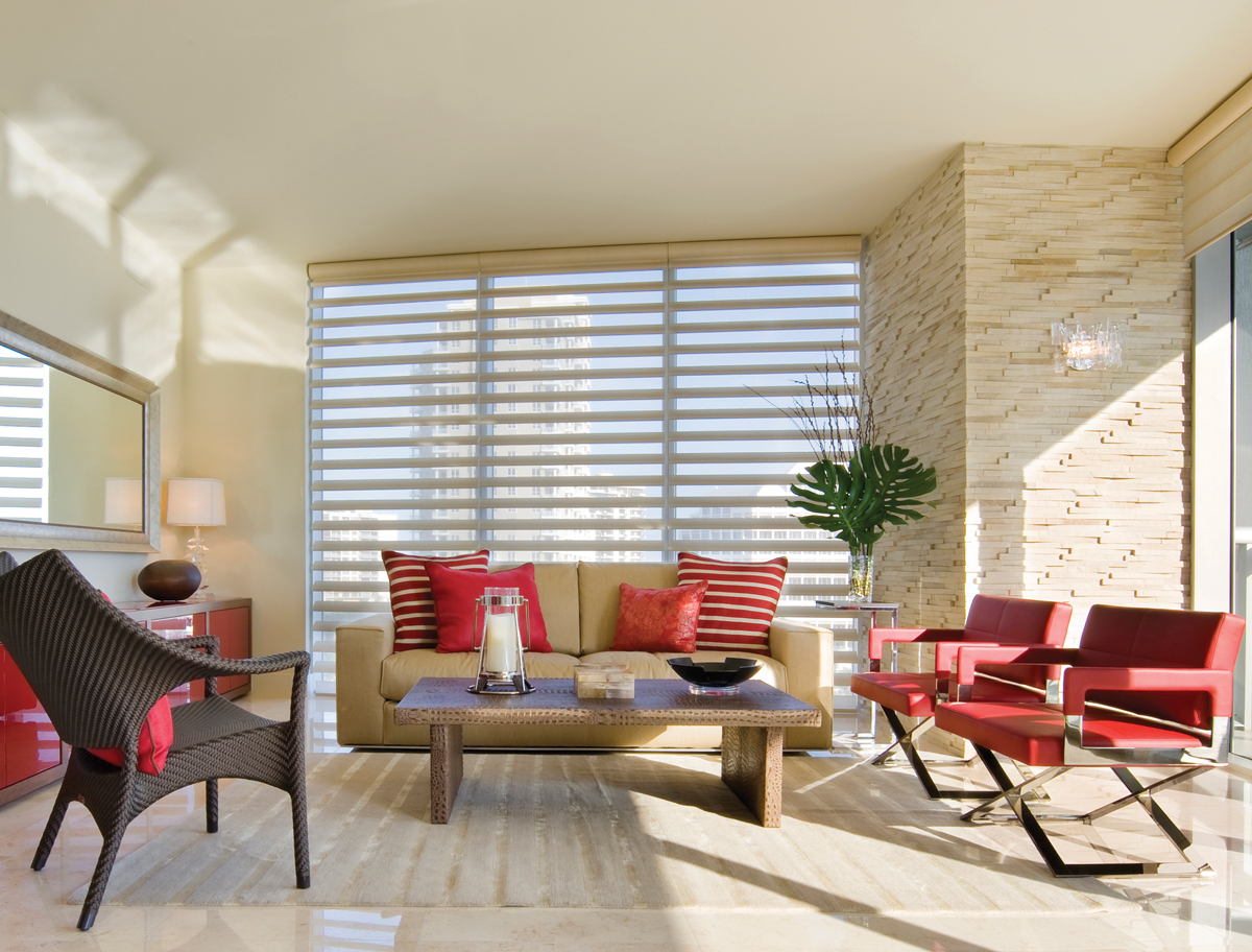 PowerView motorized shades in living room design for easy adjustments Naples 34119