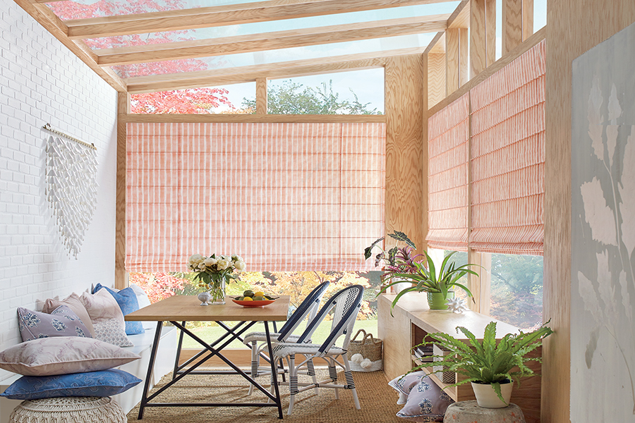 outdoor patio with custom roman shades Fort Myers