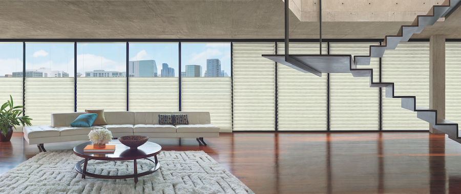 living room city view modern automated shades