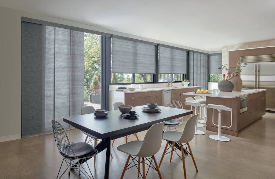 Kitchen with Stormy Gray Roller Shade Fabrics.