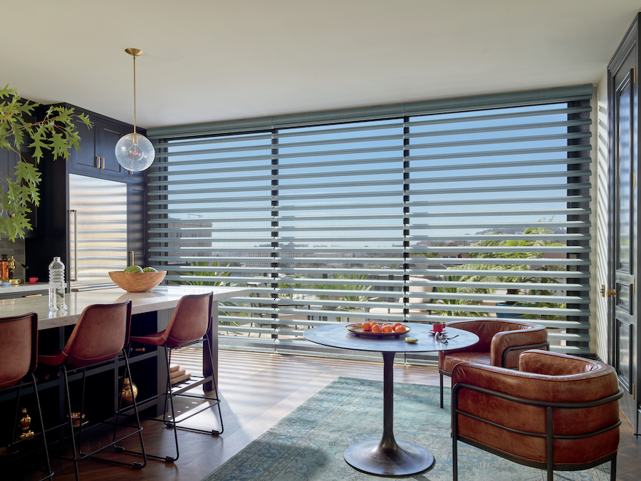 Wall to wall windows covered with the Pirouette shades.