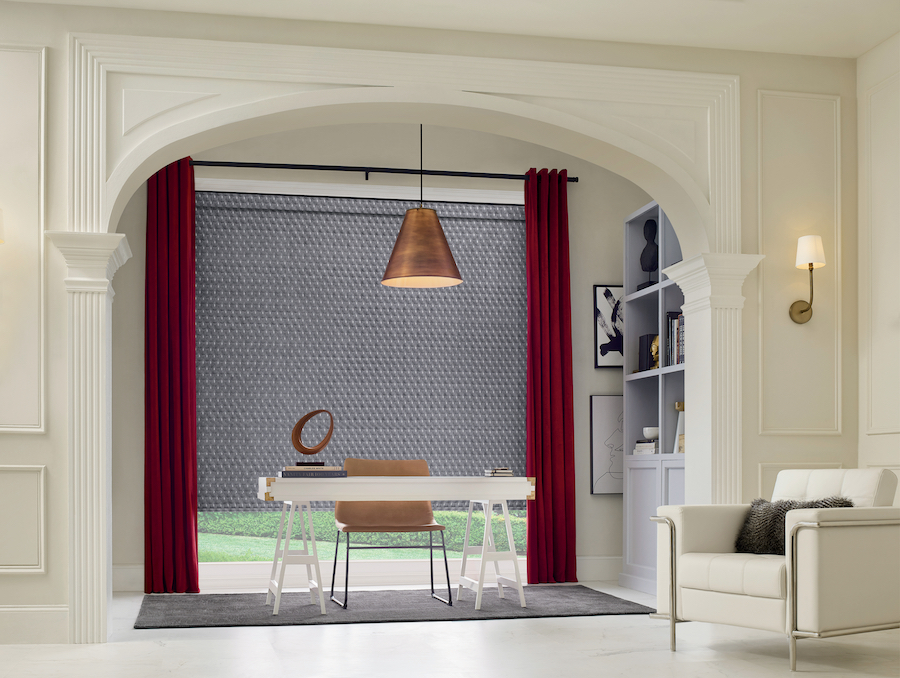 home office nook with patterned roller shade and custom drapery design highlights in Fort myers FL