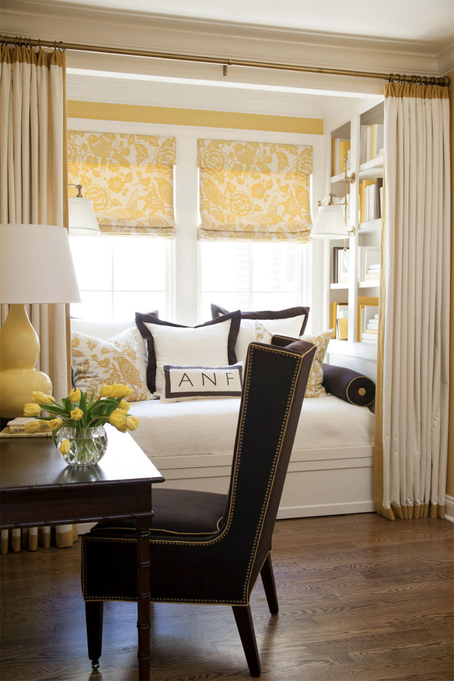 bay window seat small dining area yellow