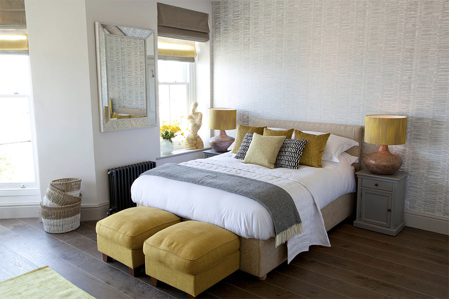 yellow and gray master bedroom