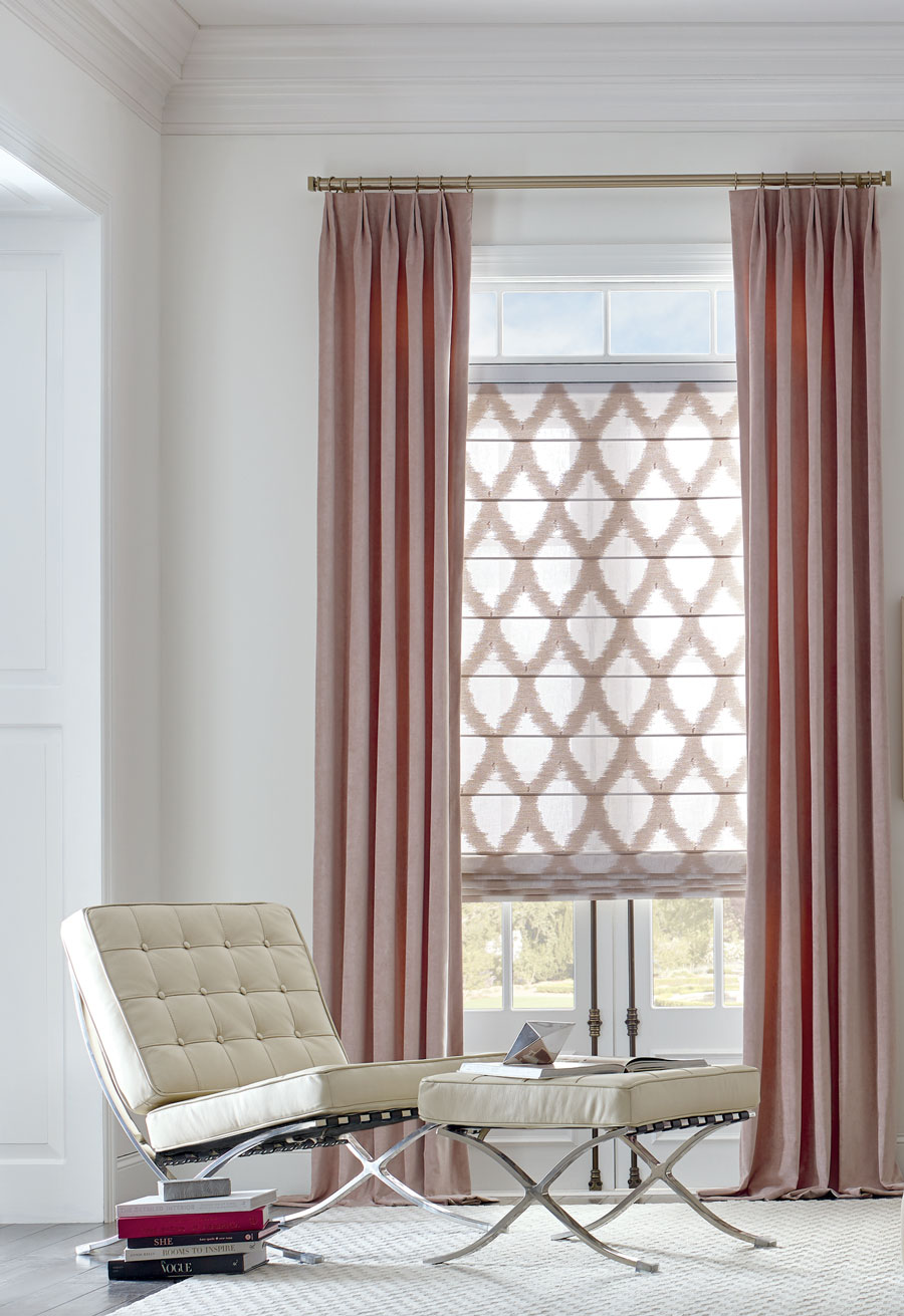 soft pink window drapery and patterned shades to suit your home