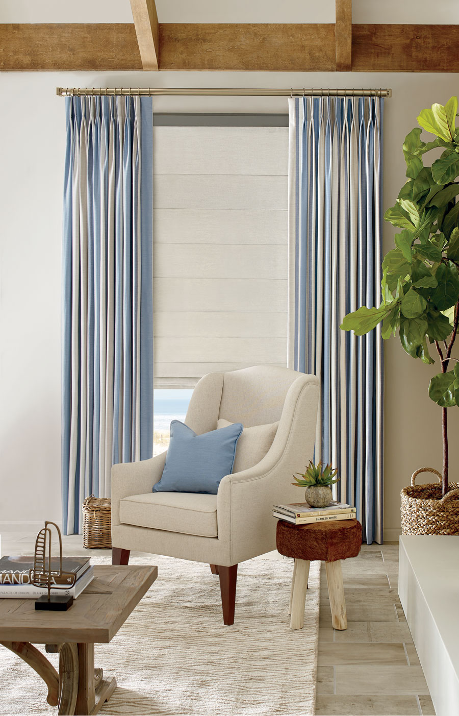 white and blue striped drapery and white roman shades in Naples, FL