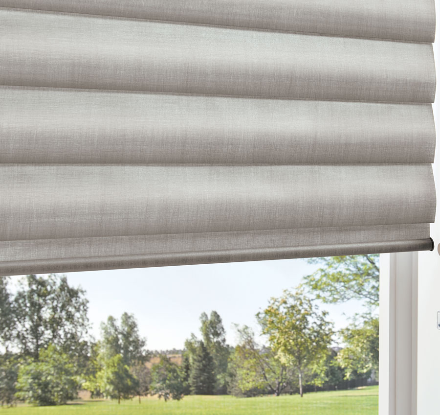 detail of silver gray pirouette window shadings in white living room Fort Myers 33908