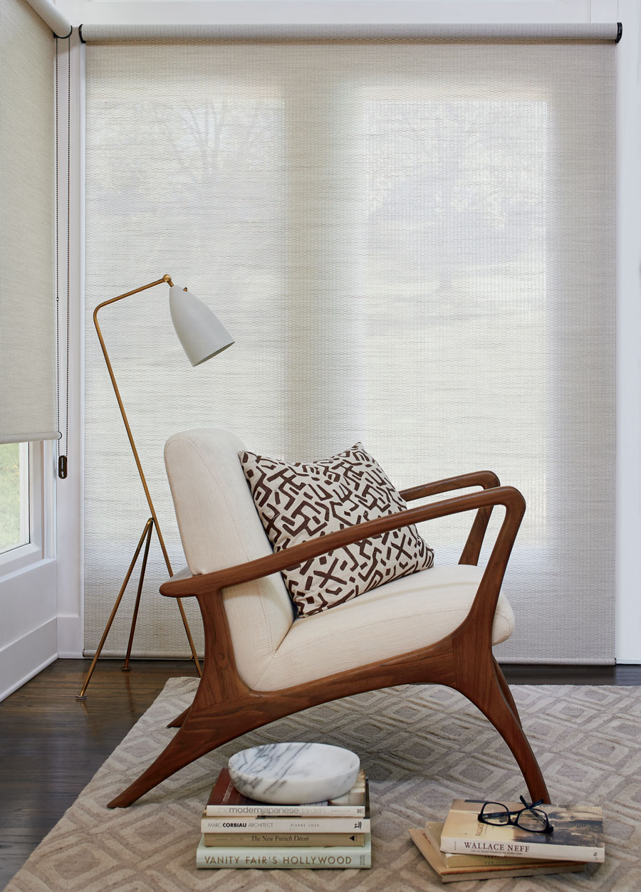 bleached white roller shade on glass patio door floor to ceiling shade