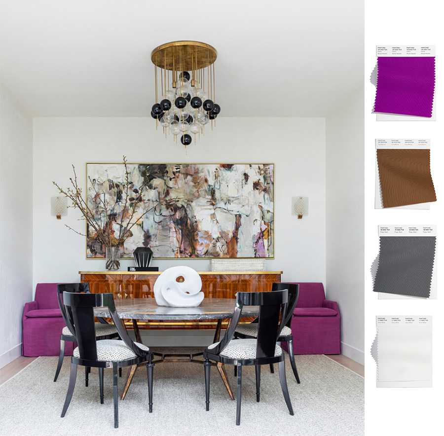 Contemporary dining room with Dahlia colored chairs