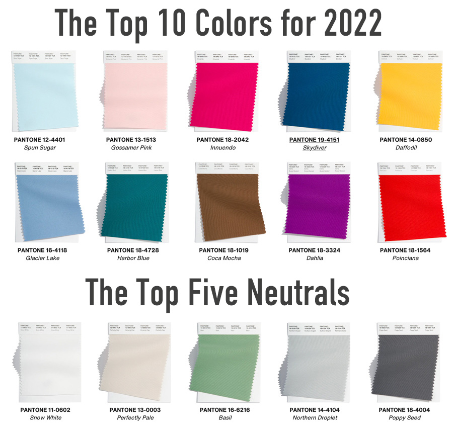 Color swatches for the upcoming color palette 2022