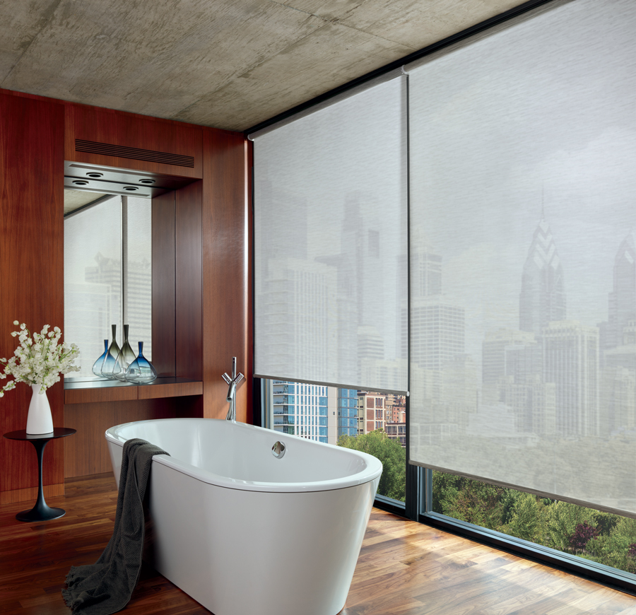 Floor to ceiling window treatments in bathroom