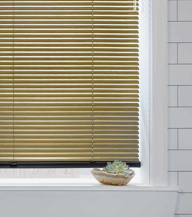 olive colored automated decor metal blinds in white modern bathroom Vineyards, FL