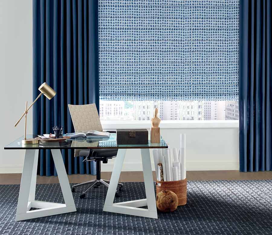 home office studio blue window treatments in Naples, FL