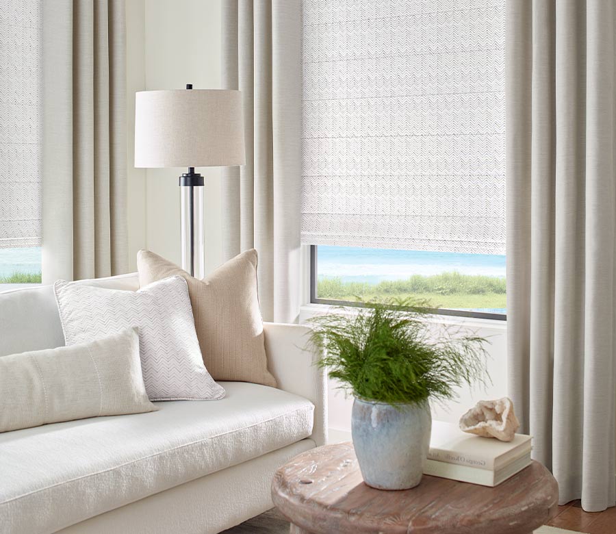 hygge inspired living room with neutral window shades in custom design Naples, FL