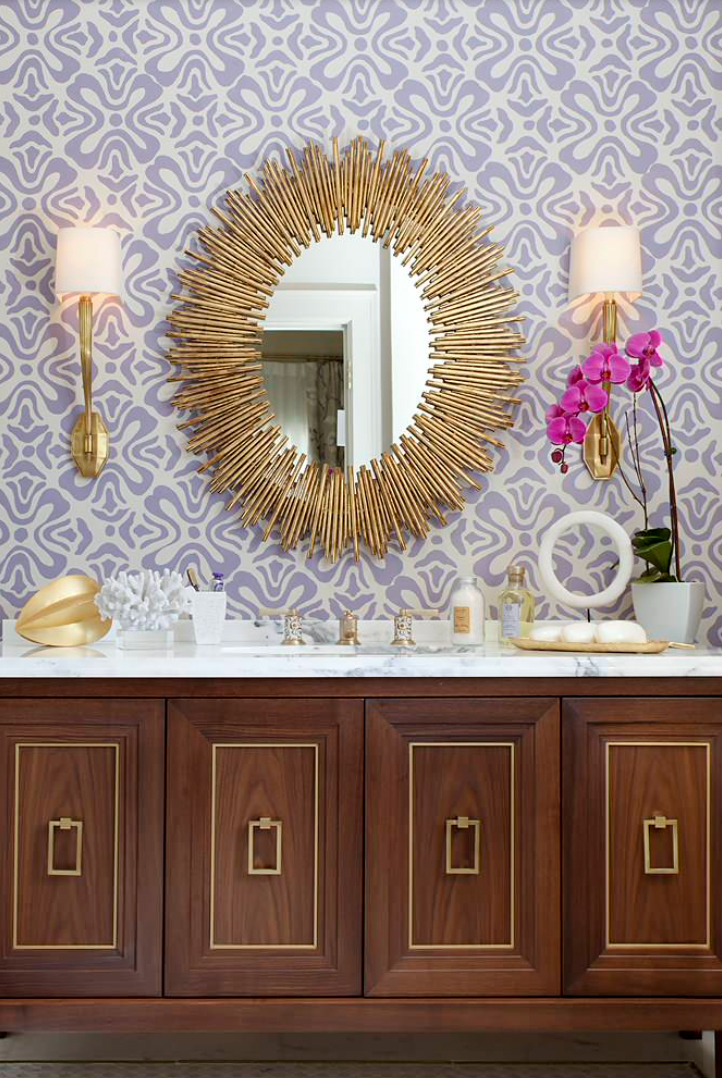 Bathroom with purple decorative wallpaper