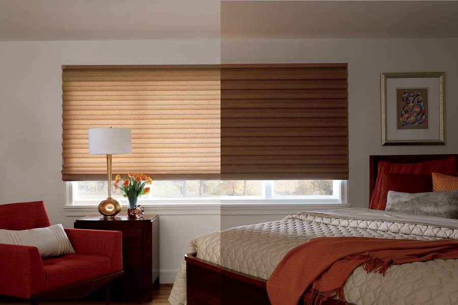 compare fabrics on the same window in light filtering and room darkening shades