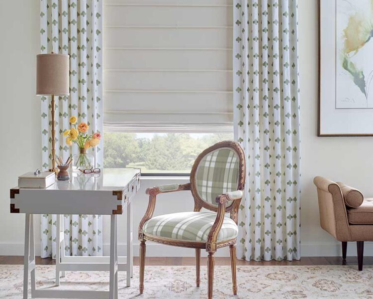green and white home office space white and green curtains and cream roman shades for light filtering naples, fl