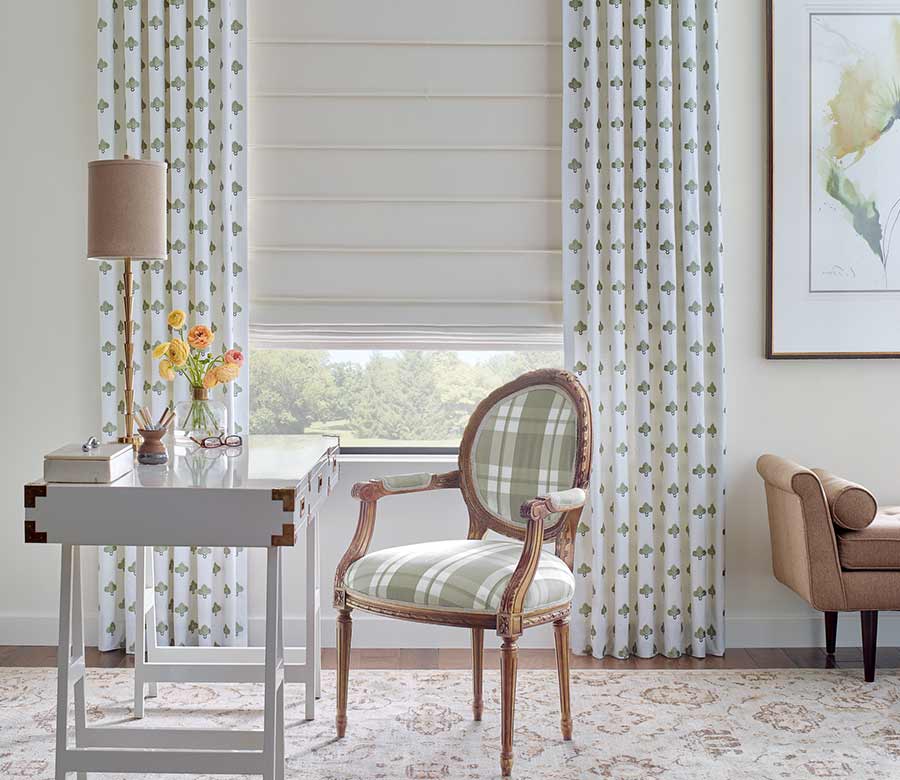 green and white home office space white and green curtains and cream roman shades for light filtering naples, fl