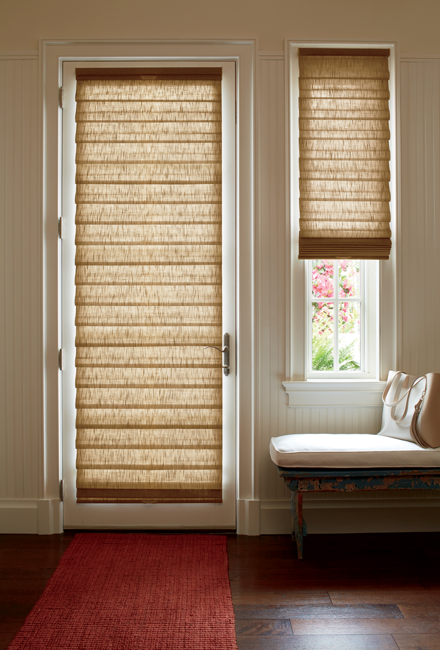 roman shades on entry door and narrow window in Fort Myers