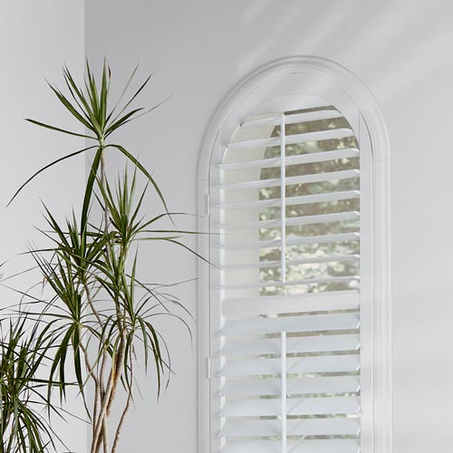 arched window with white plantation shutters