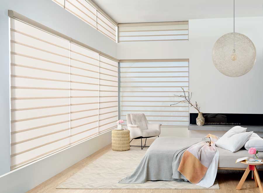 Rolling roman shades on windows in a bedroom.