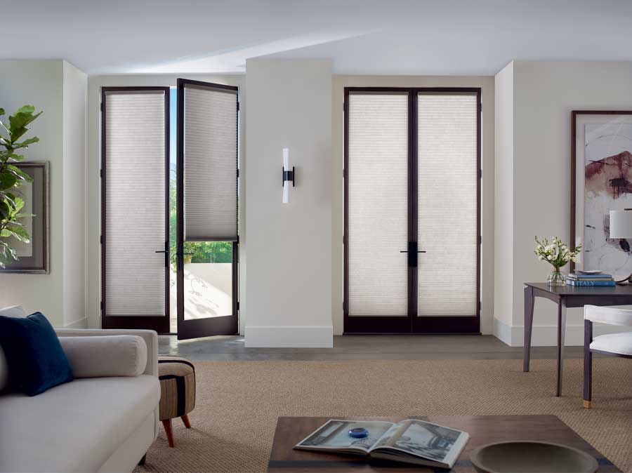 Double doors with honeycomb shades