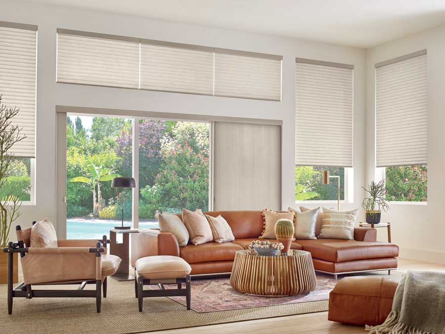 Sonette shades in open floor plan living room