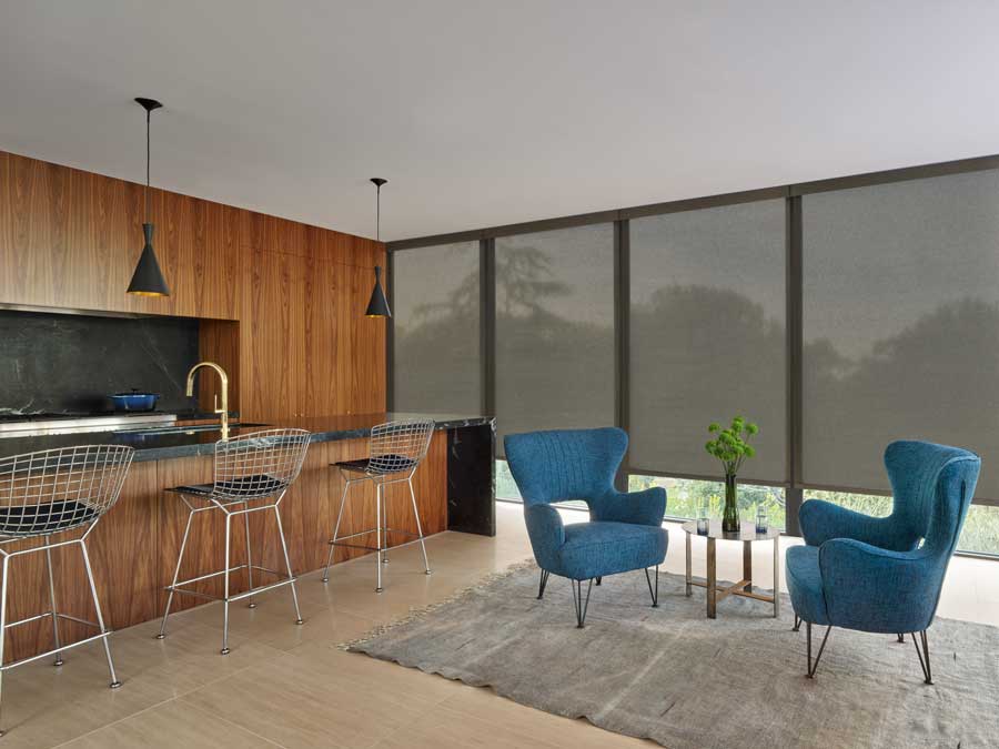 Alustra® Woven Textures® Roller Shades in a kitchen with floor to ceiling windows