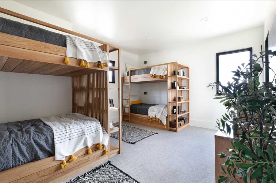 kids room with bunk beds and neutral paint colors