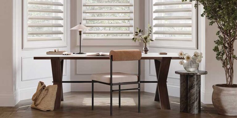home office with white window coverings